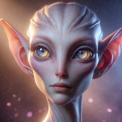 The primary subject of the image is a digital art or illustration of an elf with pointy ears, blue eyes, and a pink nose. The setting is a purple background, which adds a contrasting and vibrant touch to the scene. The visual style is a combination of realism and fantasy, as the elf appears to be a human-like creature with a unique and imaginative appearance. The colors and mood of the image are predominantly purple and pink, creating a sense of warmth and whimsy.